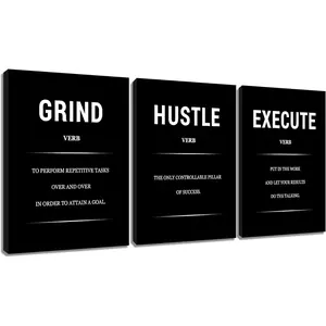 Motivational Wall Decor 3 Piece Canvas Wall Art, Grind Hustle Execute Quote Triptych Prints for Office Gym Classroom, Framed Black White Business Poster, 36x16inch