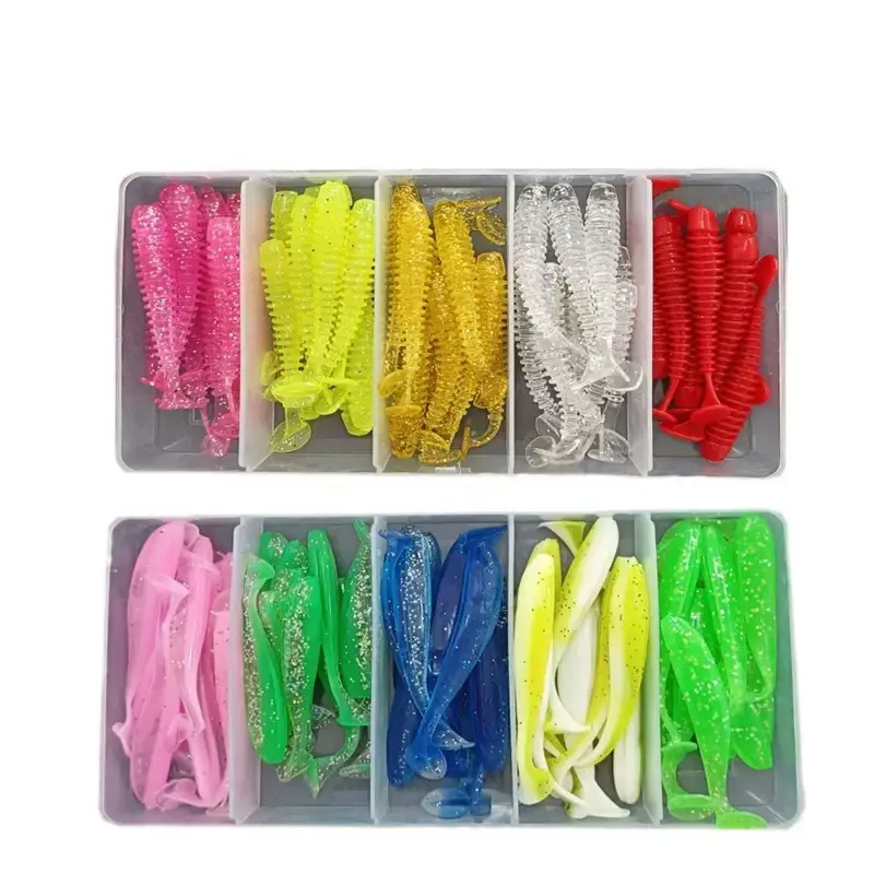 50pcs Soft Plastic T-Baits Lure Kit with Box, Saltwater Skirted Lures, Freshwater/Saltwater Fishing Jig, Outdoor Fishing Accessories, Gift for Men fishing lure