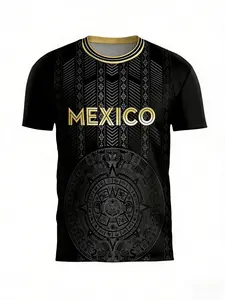 Men's Mexican Aztec Sun Calendar Print T-Shirt, Mayan Culture Street Style Round Neck Short Sleeve Top, Sporty Loose-Fit Geometric Pattern