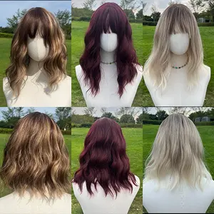 SMILCO/14-16 Inches Pink/Claret/Black/Brown Curly Bob with Bangs Synthetic Wig Wavy Wiglet Snug Fit for Women/SM035