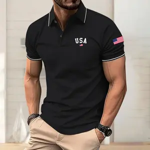 Men's classic vintage short-sleeved polo shirt, featuring American letter and flag print, made from slightly stretchy polyester fabric, regular fit. A stylish and casual men's summer collared top, suitable for golf.