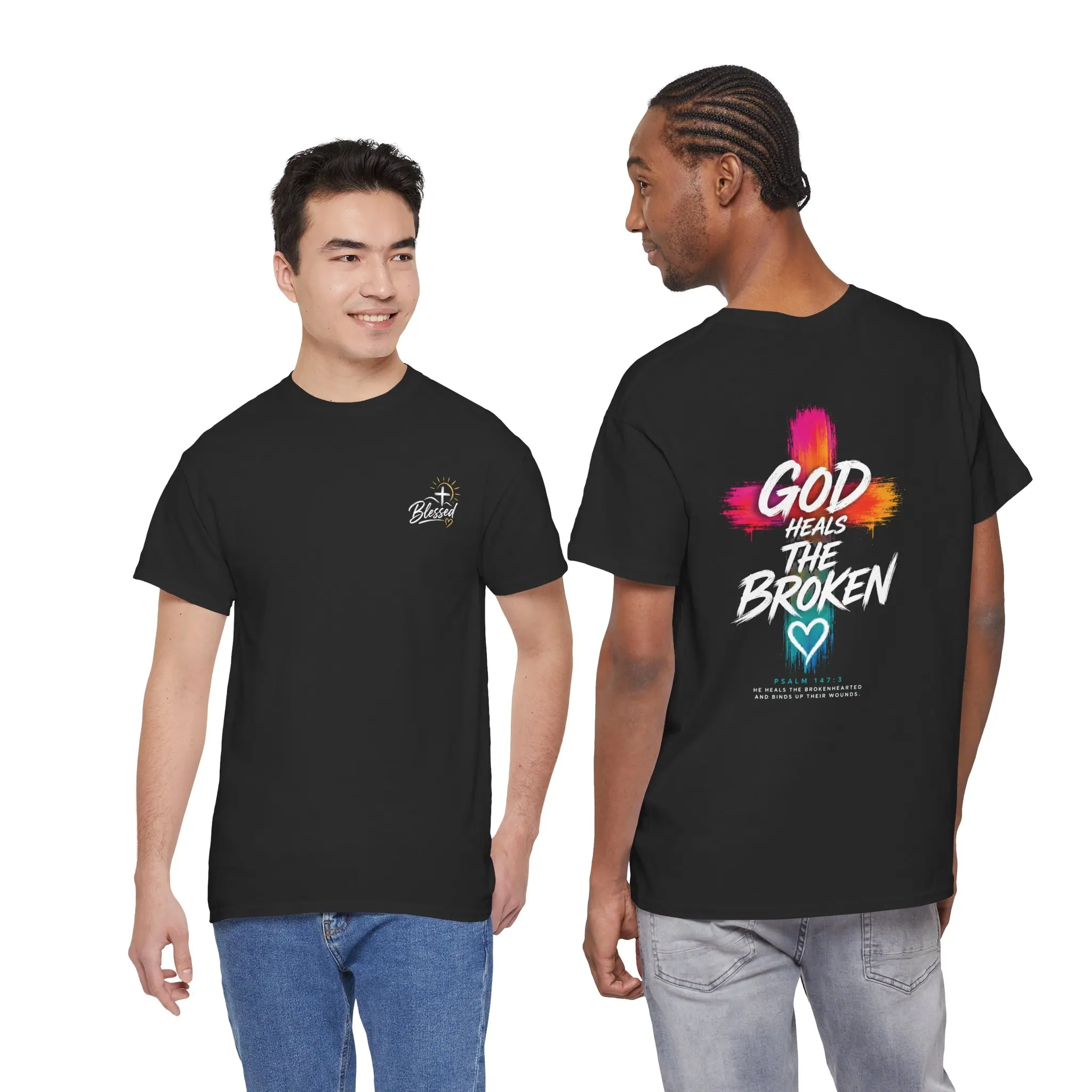 Men's Round Neck Short-Sleeve Heavy Cotton Tee - God Heals The Broken Blessed Graphic, Unisex, Nyaman Lembut Jersey Fabric, Kerah Design