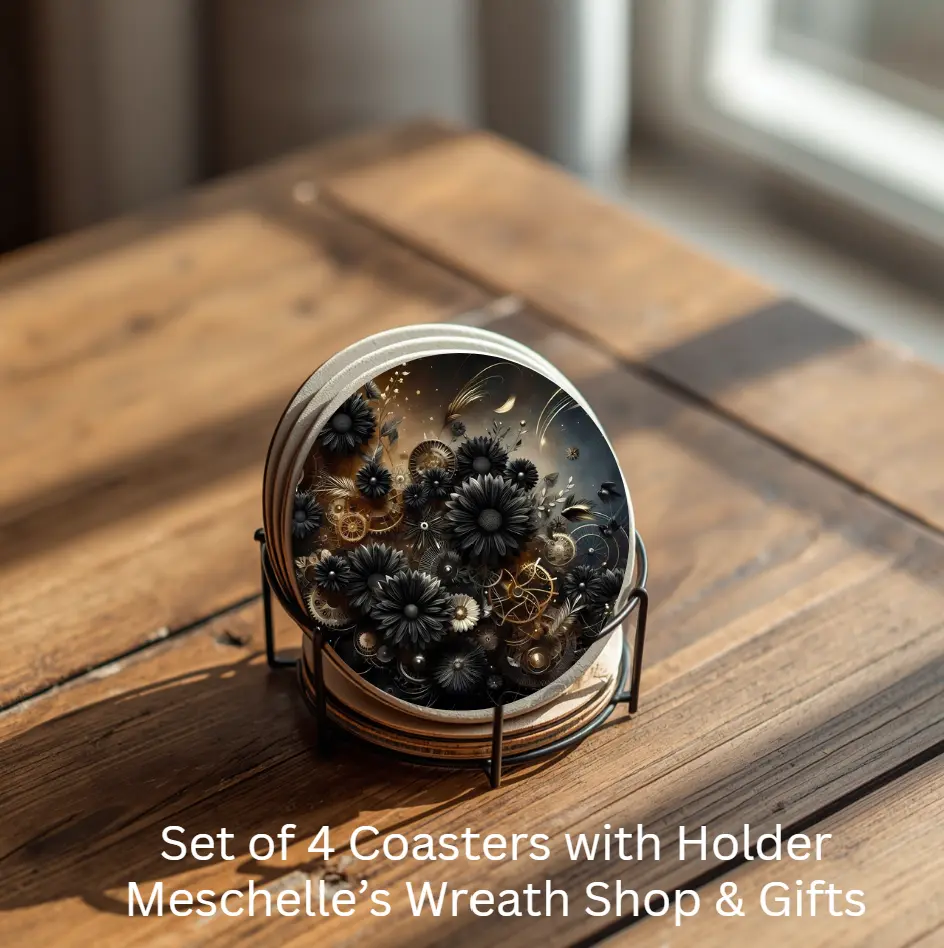 4-Piece Ceramic Round Dark Flower Coffee Coasters Set with Metal Holder, Home Kitchen Tableware