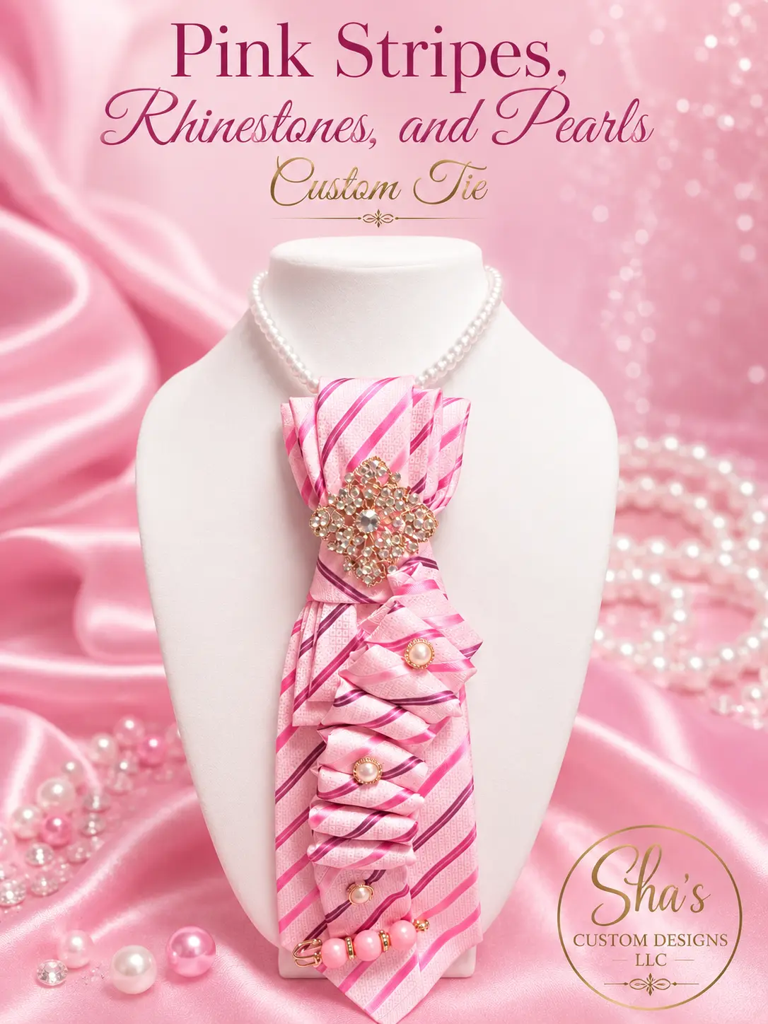 Pink Stripes Rhinestones and Pearls Custom Necktie