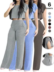 Women's Daily Streetwear 2-Piece Set, Slim Cropped Top & High Waist Wide Leg Pants, Pocket Design, Casual Fashion