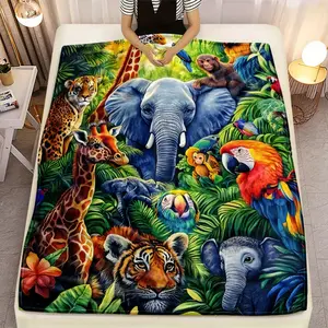 1pc Jungle animals in lush setting Blanket-Lightweight Home Furnishings Bedding Blanket 280gsm Suitable for Sofas Beds Travel Camping Living Rooms Offices Sofas Chairs and Beds-Soft and Warm Fabric Digital Printed Blanket