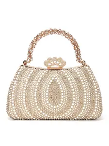 Mother's Day Glamorous Full-Diamond Pearl Ladies' Evening Clutch Bag, Crossbody Clutch Purse, Rhinestone Handle Design Tote, Floral Diamond-Studded Lock, Includes Shoulder Chain for Crossbody Wear, Suitable for Parties, Weddings
