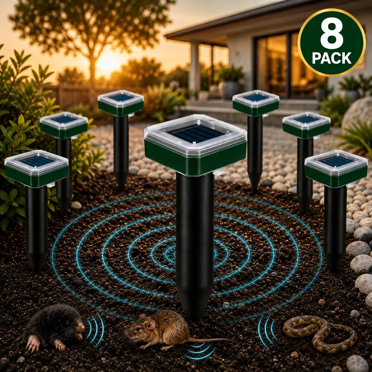 8-Pack Solar Mole Repeller Stakes - Ultrasonic Gopher & Snake Repellent, Waterproof Solar-Powered Pest Control for Lawn & Garden, Outdoor Animal Deterrent