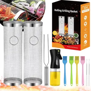 Rolling Grill Baskets (2PCS), Stainless Steel Grill Basket, Dishwasher Safe BBQ Grill Accessories Portable Grill Baskets for Outdoor Grill for Fish, Shrimp, Meat, Vegetables, Fries Outdoor Cooking Camping YMXHK