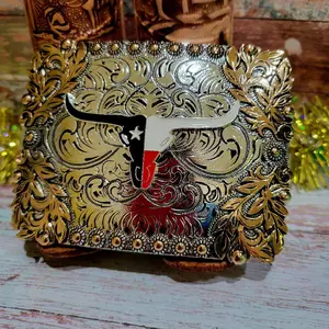 Texas Longhorn Belt Buckle silver and rose tone