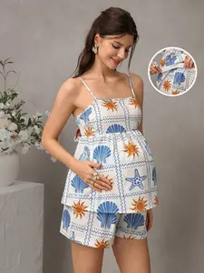 ELERENZO Women's Maternity White Summer Casual Holiday Floral Seashell Sun Starfish Print Cami Top & Adjustable Waist Shorts 2-Piece Set Beachwear Outfit