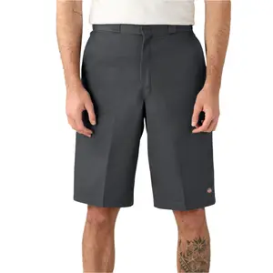Dickies Men's 13" Long Loose Fit Cotton Menswear Work Shorts - Charcoal, Flat-Front, Classic Plain, Belt-Included, Pocket-Equipped
