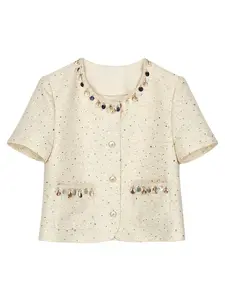 Women's Fashion Short Sleeve Jacket, New Arrival Sequins Embroidery Design, Stylish Casual Outerwear for Spring & Fall Seasons