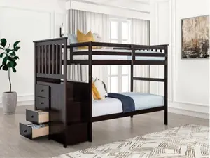 Porto Space-Saving Twin Over Twin Bunk Bed with Built-In Storage Stairs – Espresso Finish