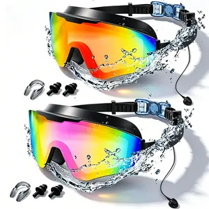 2 Pack Adult Swim Goggles with Earplugs, Anti-Fog 180° Wide View UV Protection Pool Swimming Goggles for Adult Youth Men Women, 3-Color UV Lens