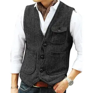 Men's Retro Tweed Vest Herringbone Wool-Blend  with Multi-Pockets: Elevate Casual & Outdoor Styles for Daily Errands & Weekend Adventures