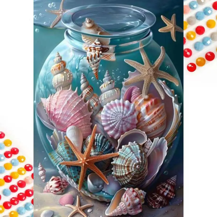 5D DIY Full Drill Round Diamond Painting - Diamond Art Kit Shell, Starfish, Glass Jar Mosaic, Canvas - DIY Decorative Painting, Home Wall Decor, Suitable for Halloween and Christmas, Birthday and Anniversary Gifts.