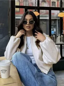 Women's Soft Solid Color Bomber Jacket, Long Sleeve Pocket Zipper Outerwear for Fall & Winter, Casual Fashion Top for Women