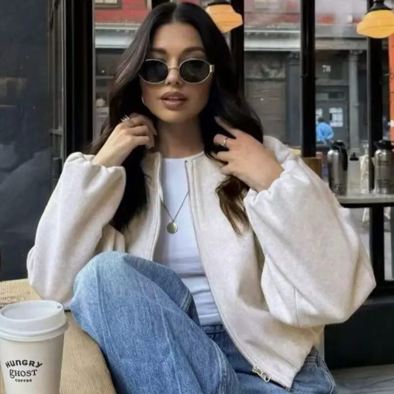 Women's Soft Solid Color Bomber Jacket, Long Sleeve Zipper Pocket Design, Fall Winter Outerwear, Casual Fashion Coat for Women