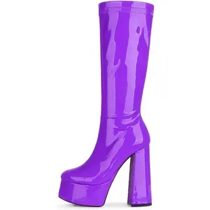 chunky heel Black White Red yellow knee high boots Platform Stretch boots Round toe Side zipper Sexy Super high heel hot pink shoes for women unisex