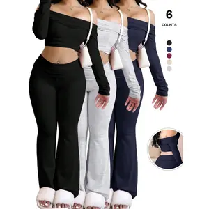 Women's Solid Color Long Sleeve Crop Tee & Flare Leg Skinny Pants Loungewear Set, Casual One Shoulder Top & Bell Bottom Leggings