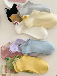 5/10 Pairs of Women's Spring Cartoon Embroidered Ankle Sock,  Light and sweet for spring and summer, sweat-wicking and breathable, with a subtle ankle-baring design, random colors