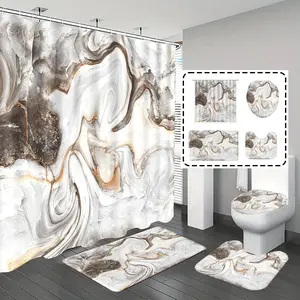 [Popular Choice]1pc/4pcs, bathroom curtains shower, bathroom set, shower curtains, bathroom rug, home decoration, bathroom mat, gray marble pattern, Bohemian theme decoration, bathroom set, with 12 hooks, Shower Curtain Sets
