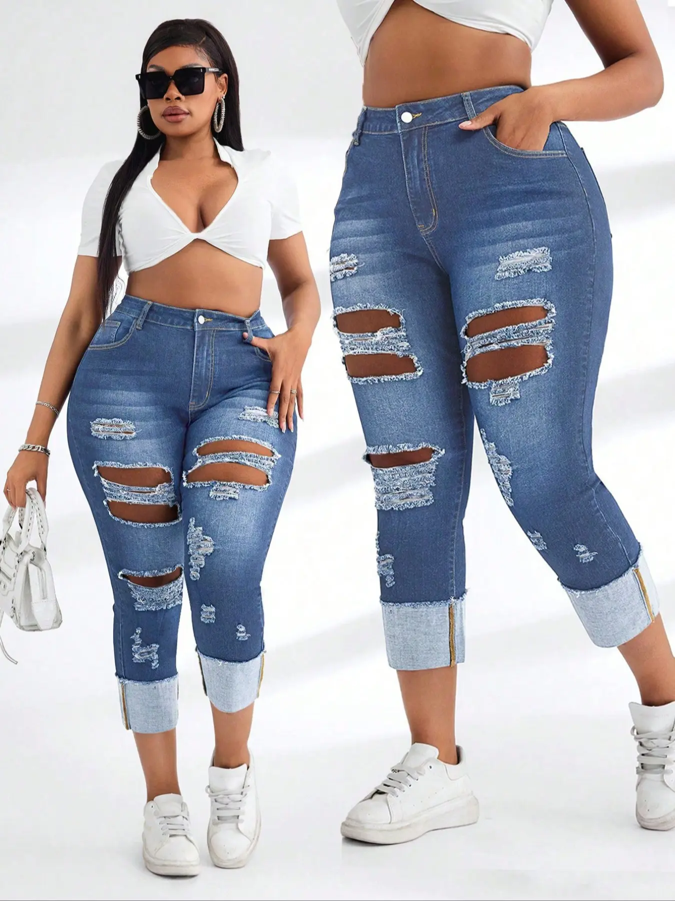 Women's Plus Size Denim Jean Skinny Slim Pants High Stretch Soft Comfort Washed Design Denim Fit Casual Hole Skinny Jeans Ripped Stretchy Trendy Fashion Long Pants Spring & Fall Streetwear