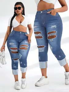 Women's Plus Size Denim Skinny Pants High Stretch Soft Comfort Washed Design Ripped Trendy Fashion Long Pants Spring & Fall