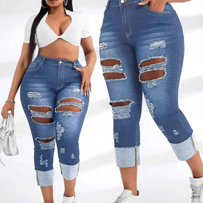 Women's Plus Size Denim Jean Skinny Slim Pants High Stretch Soft Comfort Washed Design Denim Fit Casual Hole Skinny Jeans Ripped Stretchy Trendy Fashion Long Pants Spring & Fall Streetwear