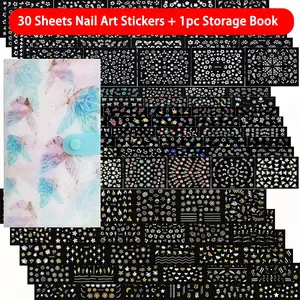 30 Sheets Nail Art Stickers & 1pc Storage Book, 3D Self-Adhesive White Floral Nail Stickers Designs, Multicolor Laser Golden Nail Decals for DIY Manicure Decorations