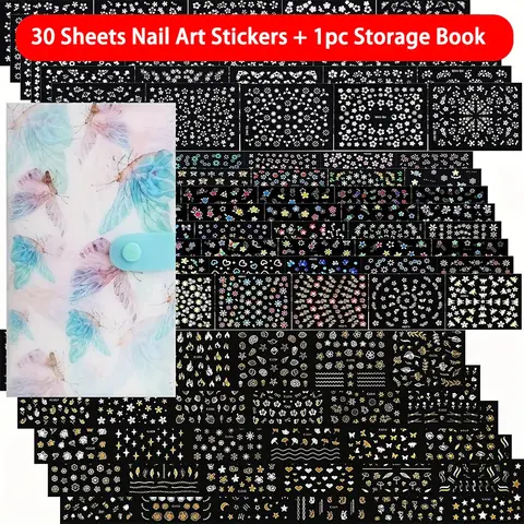 30 Sheets Nail Art Stickers & 1pc Storage Book, 3D Self-Adhesive White Floral Nail Stickers Designs, Multicolor Laser Golden Nail Decals for DIY Manicure Decorations, Flower Nail Stickers