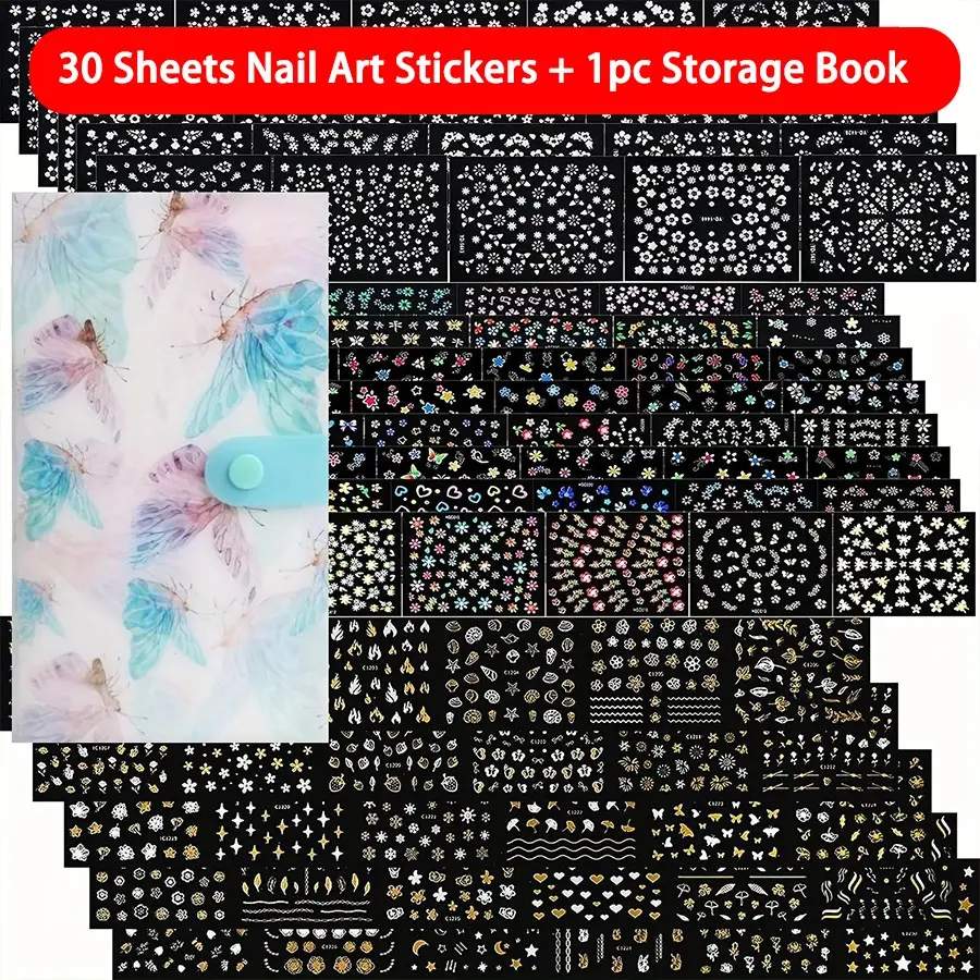 30 Sheets Nail Art Stickers & 1pc Storage Book, 3D Self-Adhesive White Floral Nail Stickers Designs, Multicolor Laser Golden Nail Decals for DIY Manicure Decorations