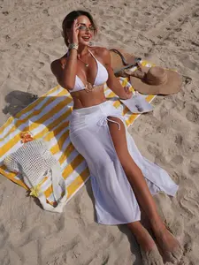 Women's Sexy Halter Metal Ring Bikini Set, High Slit Mesh Sun Protection Cover-Up, Vacation Swimwear, Three-Piece Swimsuit, Triangle Bikini Top