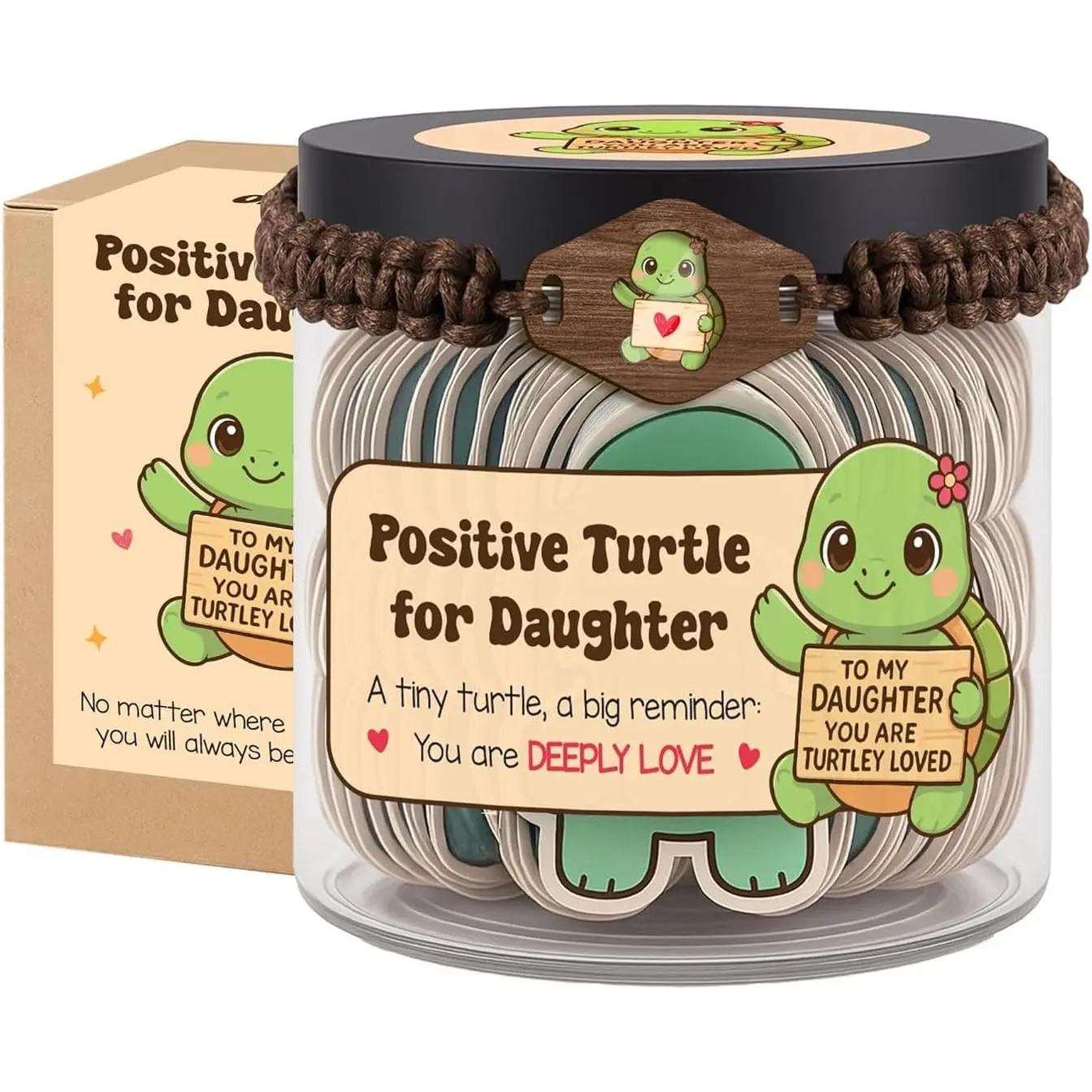 Handmade Decorative Positive Turtle Affirmation Jar Set - 60 Cards, Display Stand, Motivational Keychain, Nightstand Decor, Love-Focused Gratitude Tool, Home Supplies, Birthday/Teacher Appreciation Gift for Daughters, Self-Care Party Supplies