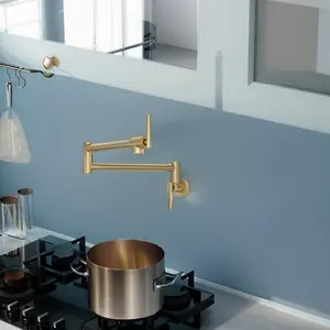 Pot Filler Faucet - Wall Mount Kitchen Sink Faucet Folding Stretchable with Single Hole Two Handles, Gold