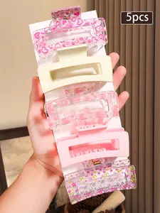 5pcs large shark clip suitable for women's head hair, sweet pink and white rectangular square hair claw, 5-piece set of clear printed love pattern hair grip clip, strong grip, simple and versatile daily