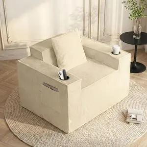 41.5"Boneless Chair, Black Single sofa, Corduroy Cloud Sofa for Living Room, 2 Cup Holders, 2 Storage Pockets, No Assembly Required