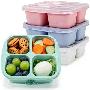 4 Pack Bento Snack Boxes Lunchable Containers For & Adults  Wheat Straw 4-compartment Reusable Food Storage Snacks Small Meal (multicolor Clear Lids)