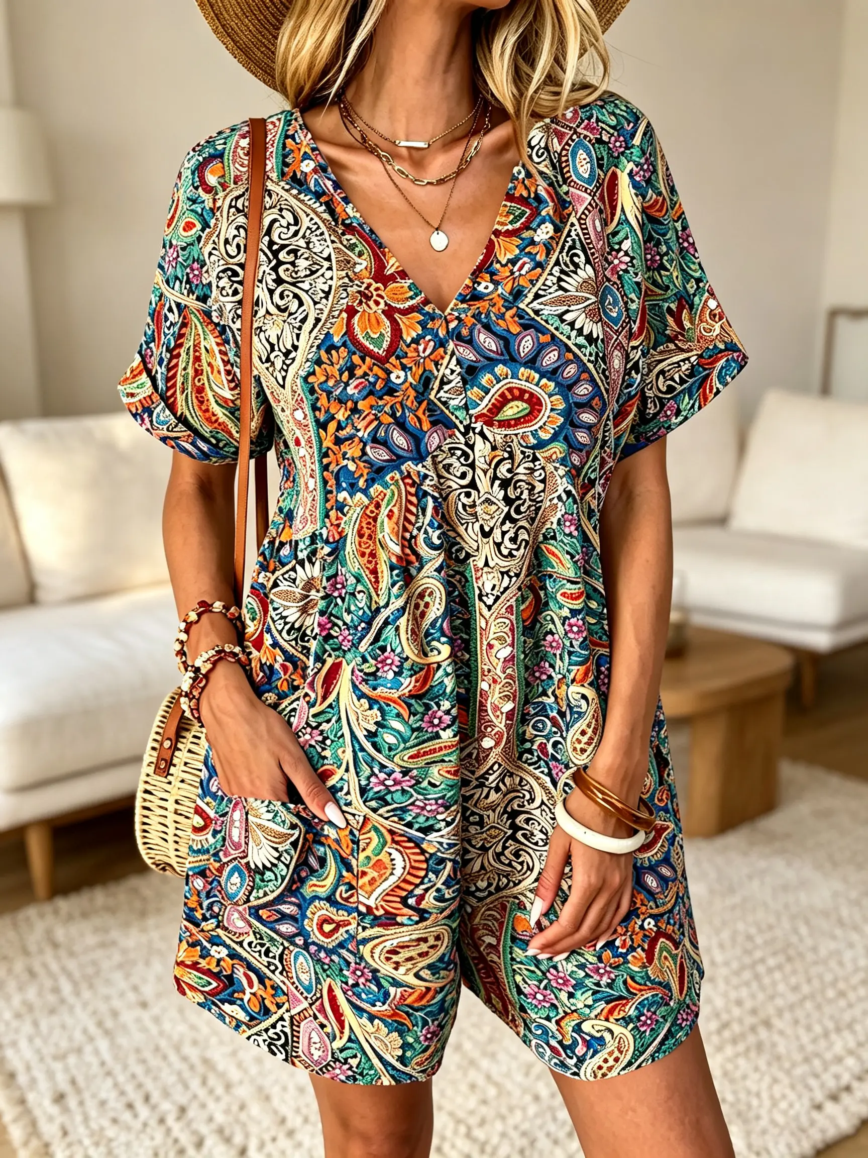 Womens Boho Floral Print Romper V-Neck Short Sleeve Casual Jumpsuit with Pockets Summer Beach Vacation Outfit Loose Fit Playsuit Bohemian Festival Wear Lightweight Holiday Clothing One-Piece Summer Suit