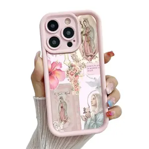 Virgin Mary Pattern Phone Case , Soft Silicone , Fully Protected and Shockproof For iPhone 16 15 Pro Max 14 16Pro 13 12 11 MAX Plus Pink Trendy Girl