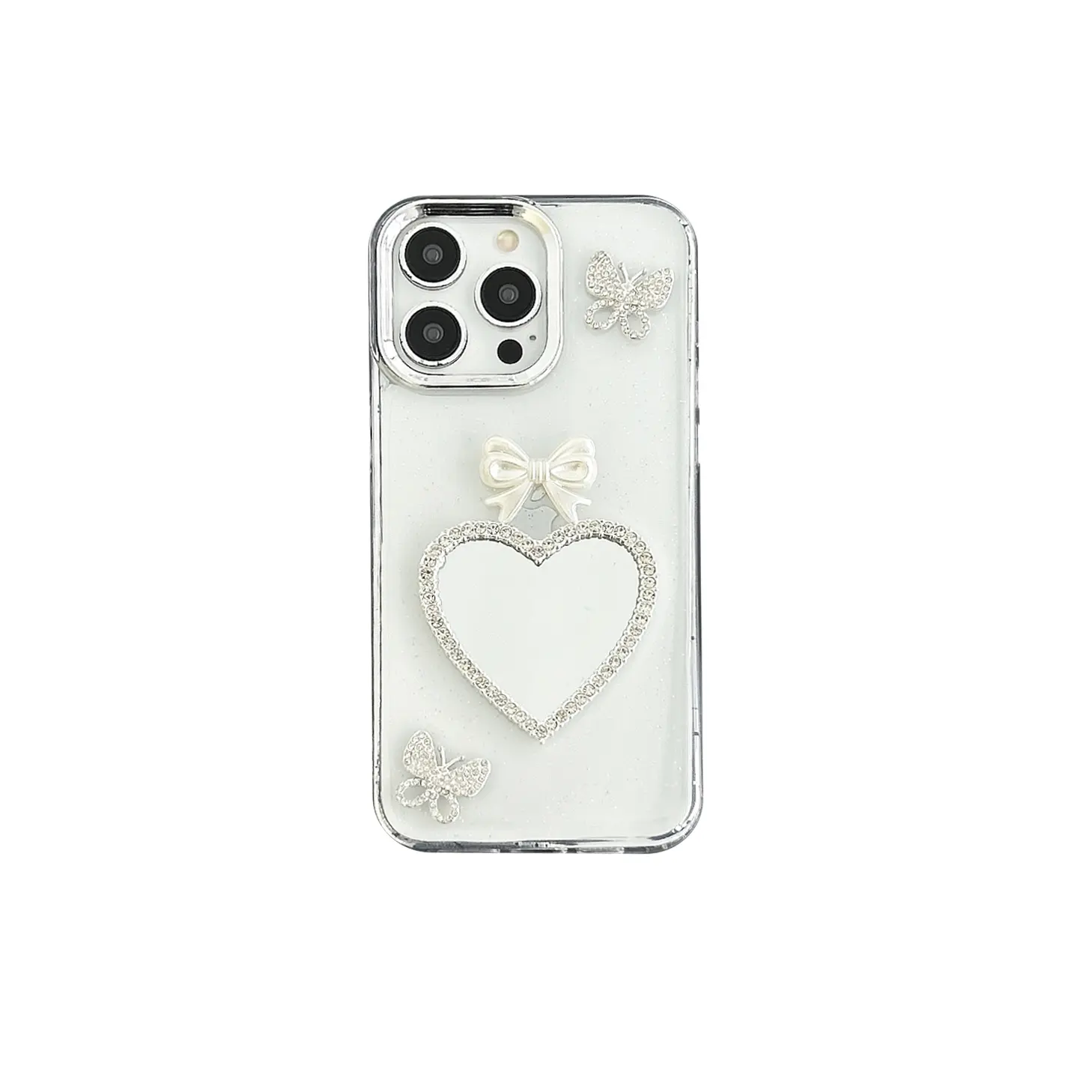 White Heart-Shaped Mirror, Bow, Rhinestone Butterfly Mobile Phone Case For iPhone 14/15/16/17