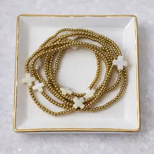 Have Faith Bracelet Stack - Gold Beaded with White Cross Charms for Everyday Wear Available in Pink or White