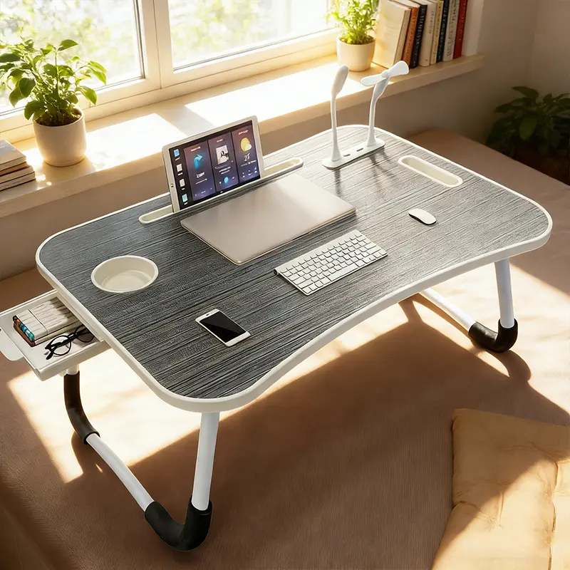 Foldable Bed Desk – Multifunctional Laptop Tray with USB/Fan/Light, Cup Holder & Drawer, Stable on Bed, Floor, or Sofa