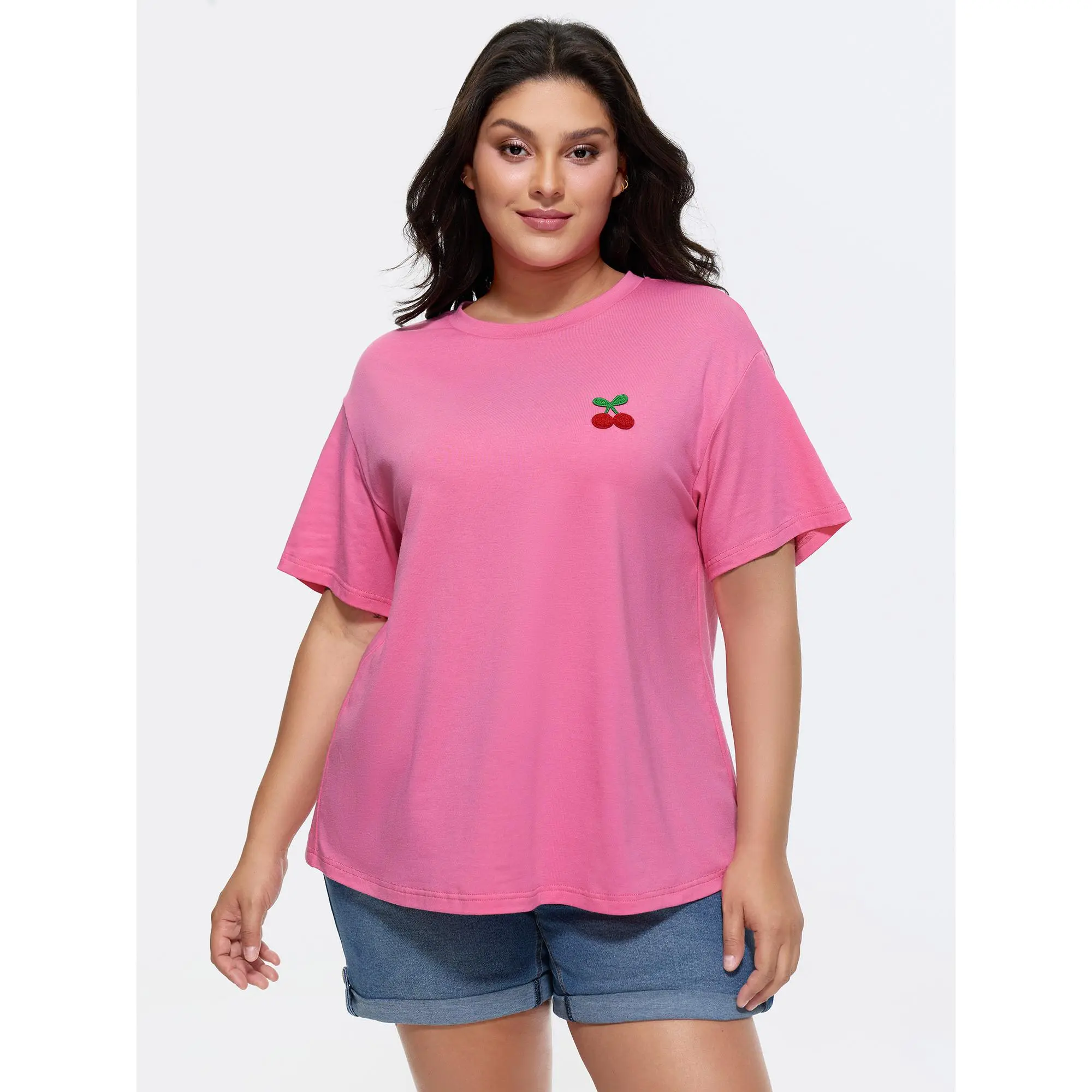 BloomChic Plus Size Round Neck Top, Curvy Solid Short Sleeve T-Shirt with Embroidered Detail in a Comfy Casual Stretch Cotton Blend, Garment, Shortsleeve, Plus Size Clothes, Plus Size Basics