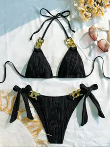 Women's Sexy Solid Color Halter Bikini Set, Two-Piece Swimsuit, Halter Neck Bikini, Backless Design, Perfect for Beach and Pool, Summer Fashion