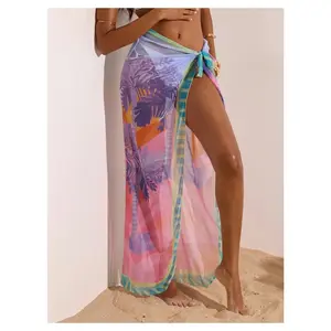 Women's Mesh Skirt Swimsuit Cover Up - Chic Print Semi-Sheer Beach Swimwear - Tie Waist Flattering Swimsuit Skirt for Vacation, Pool, Summer  one-size Multicolor