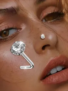 1pc S925 Silver, White Round Three-dimensional L Rod Nose Ornament, Hinged Nose Ring, Shiny High-quality Synthetic Zirconia, Women'S High-end Elegant Decoration, Nose Piercing Jewelry