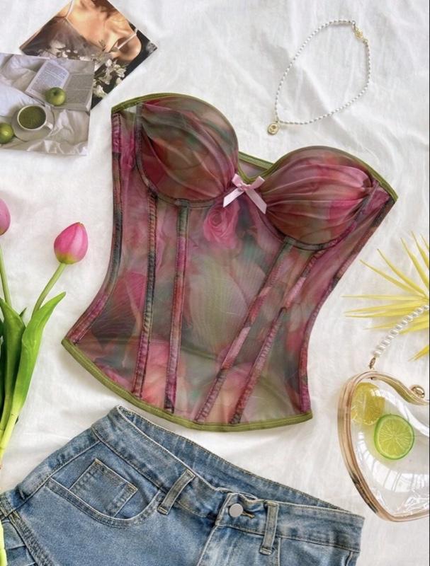 Soleia Watercolor Tie Dye Bow Tie Elastic Mesh Ruched Bustier