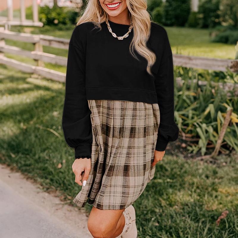 Beige Plaid Patchwork High Waist Sweatshirt Mini Dress For Women